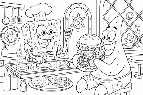 Bob Esponja e Patrick cozinhando para colorir e imprimir