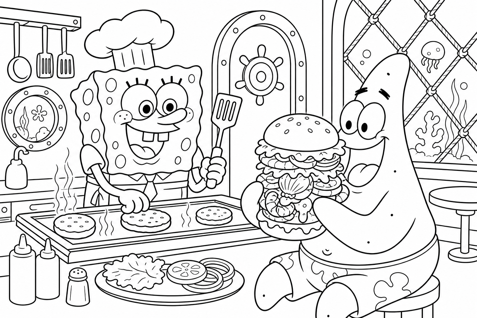 Bob Esponja e Patrick cozinhando para colorir e imprimir