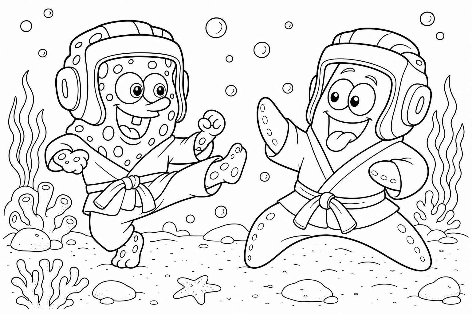 Bob Esponja e Patrick lutando para colorir e imprimir