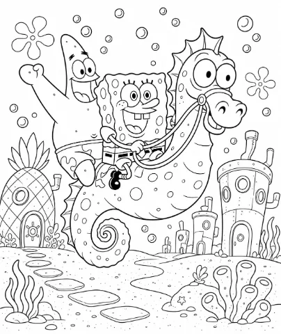 Bob Esponja e Patrick montados no cavalo marinho para colorir e imprimir
