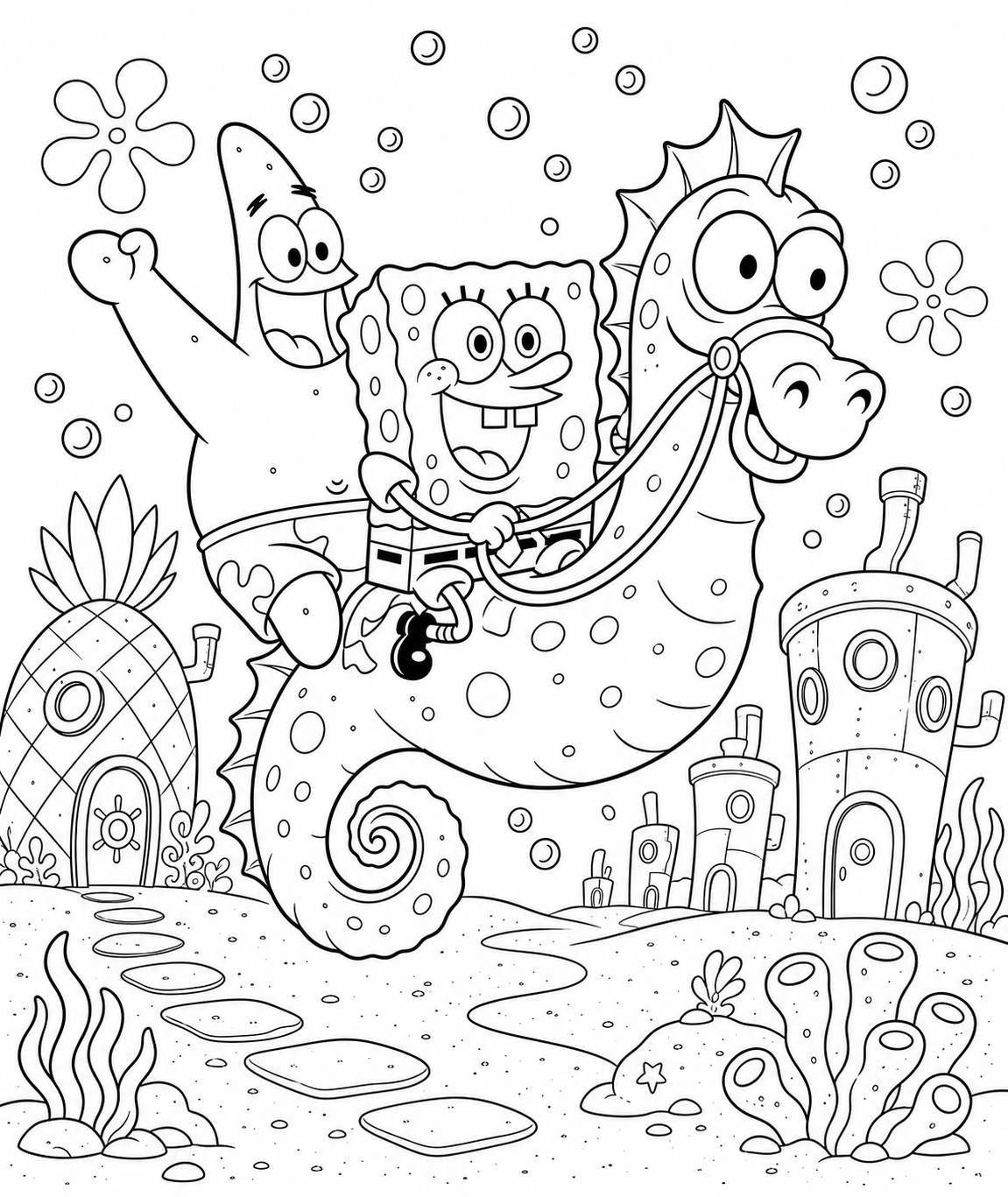 Bob Esponja e Patrick montados no cavalo marinho para colorir e imprimir