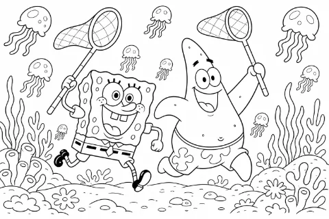 Bob Esponja e Patrick peganndo aguas vivas para colorir e imprimir