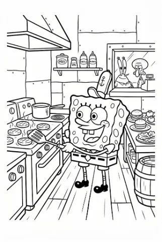 Desenho do Bob Esponja cozinhando para colorir e imprimir