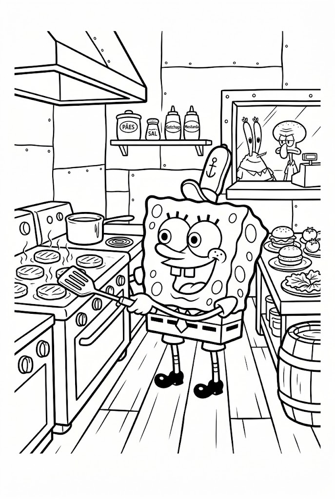 Desenho do Bob Esponja cozinhando para colorir e imprimir