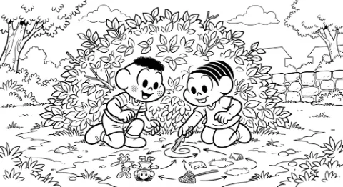 Cascão e Mônica brincando para colorir e imprimir