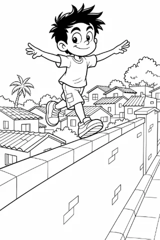 Cascão equilibrista no muro para colorir e imprimir