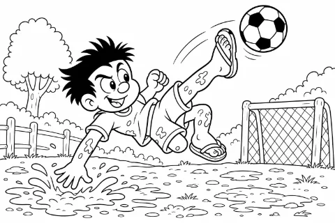 Cascão jogando futebol na lama para colorir e imprimir