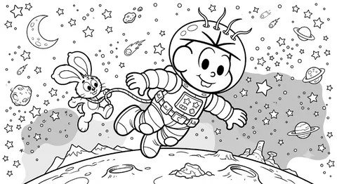Desenho para colorir e imprimir do Cebolinha como astronauta no espaço.
