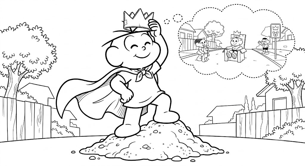 Desenho para colorir e imprimir do Cebolinha segurando uma coroa e sonhando.