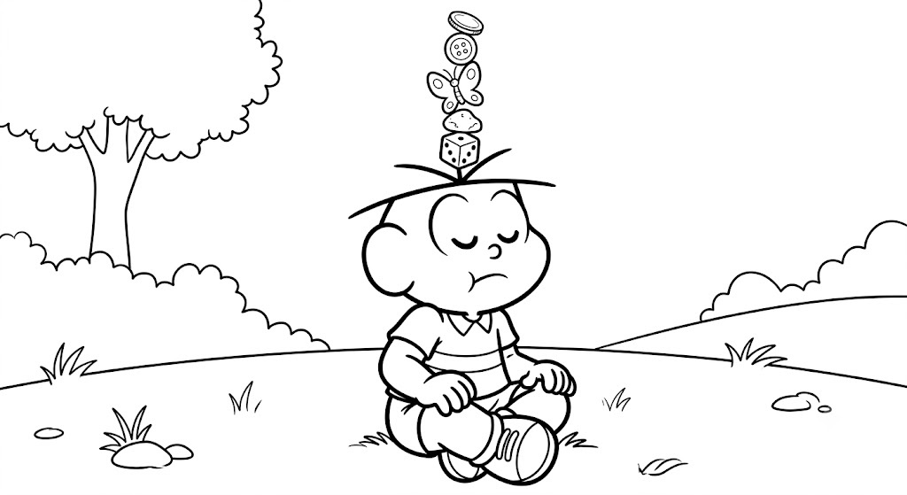Desenho para colorir e imprimir do Cebolinha equilibrando objetos na cabeça.