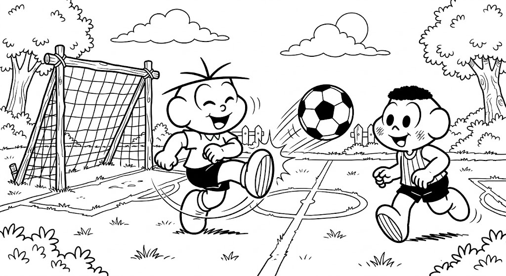 Desenho para colorir e imprimir do Cebolinha e Cascão jogando bola.