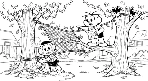 Desenho para colorir e imprimir do Cebolinha e Cascão trabalhando em uma árvore.