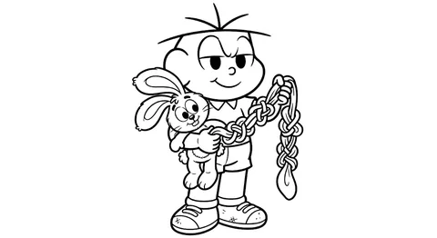 Desenho para colorir e imprimir do Cebolinha sorrindo com Sansão, o coelhinho da Mônica.