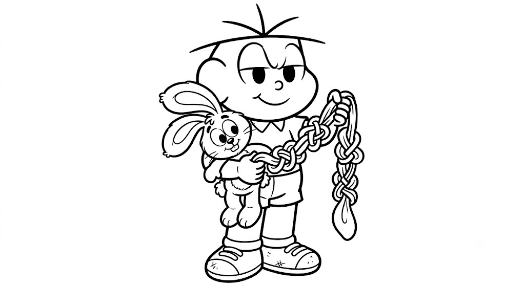 Desenho para colorir e imprimir do Cebolinha sorrindo com Sansão, o coelhinho da Mônica.