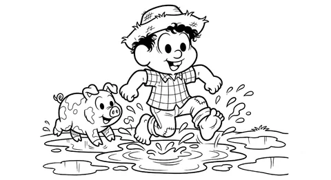 Desenho de Chico Bento brincando na lama com um porquinho, um desenho para colorir e imprimir.