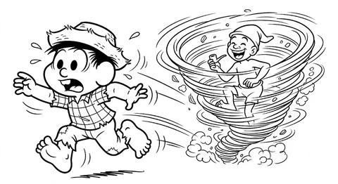 Desenho de Chico Bento correndo do Saci Pererê, um desenho para colorir e imprimir.