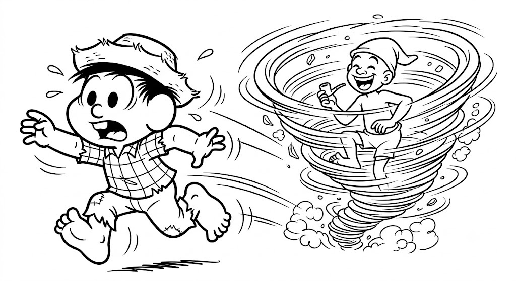 Desenho de Chico Bento correndo do Saci Pererê, um desenho para colorir e imprimir.