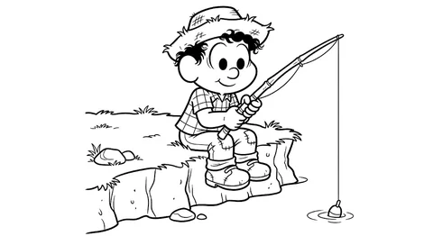Desenho de Chico Bento da Turma da Mônica pescando, um desenho para colorir e imprimir.