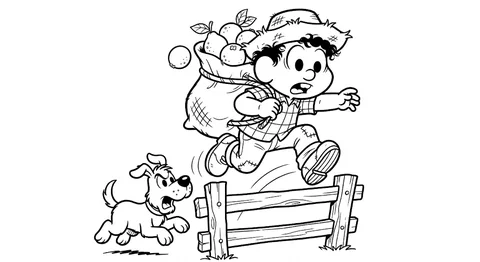 Desenho de Chico Bento da Turma da Mônica pulando cerca, um desenho para colorir e imprimir.