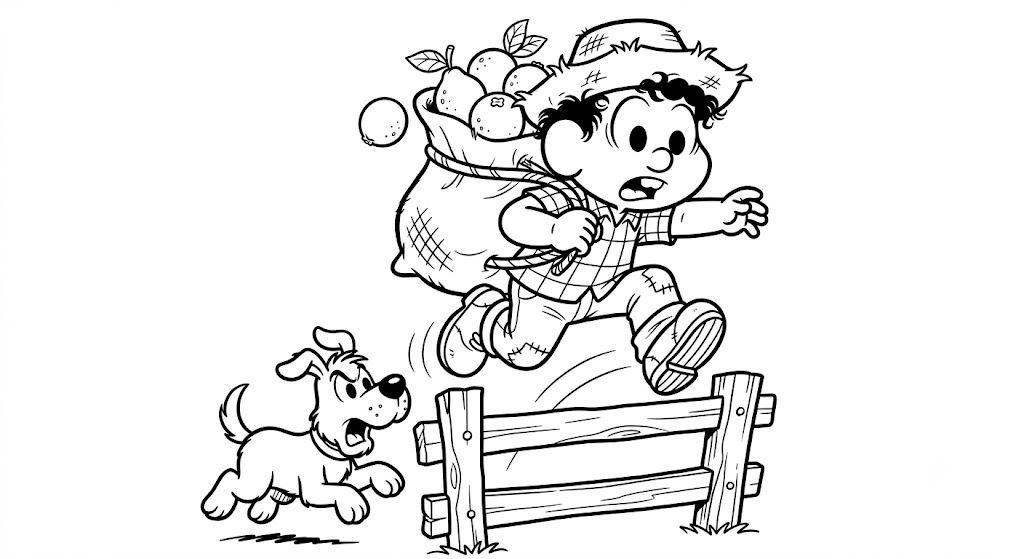 Desenho de Chico Bento da Turma da Mônica pulando cerca, um desenho para colorir e imprimir.