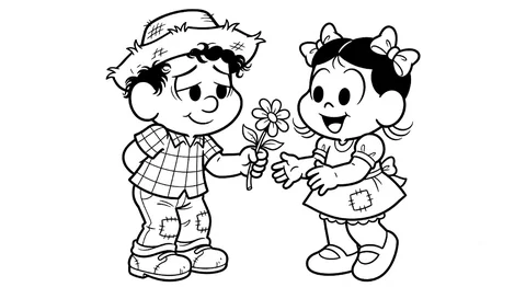 Desenho para colorir e imprimir de Chico Bento entregando uma flor para Rosinha.