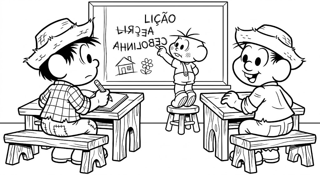 Desenho para colorir e imprimir de Chico Bento na escola com seus amigos.