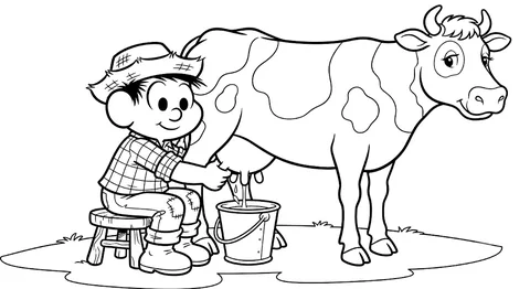 Desenho para colorir e imprimir de Chico Bento tirando leite da vaca.