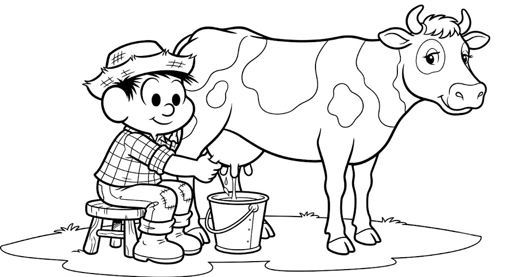 Desenho para colorir e imprimir de Chico Bento tirando leite da vaca.