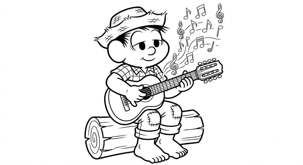 Desenho para colorir e imprimir de Chico Bento e a Turma da Mônica tocando violão.