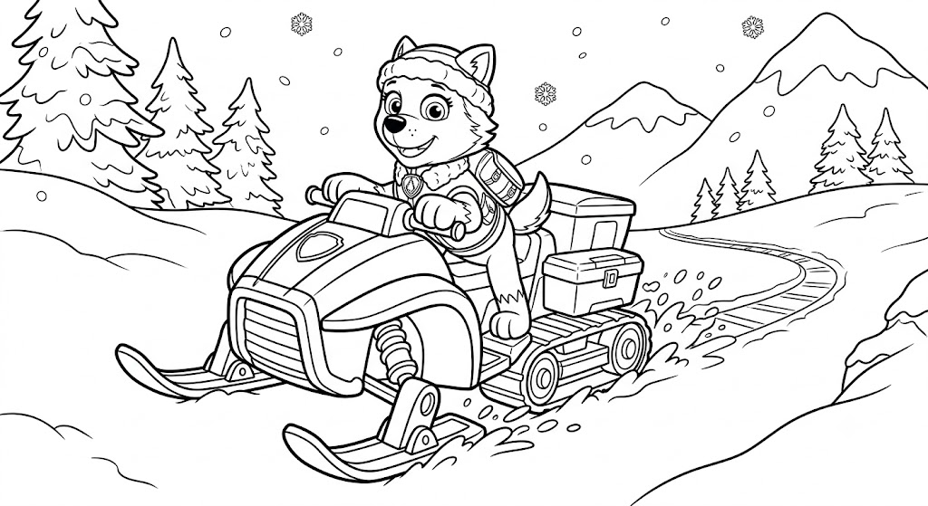 Everest Patrulha Canina andando de snowmobile para colorir e imprimir