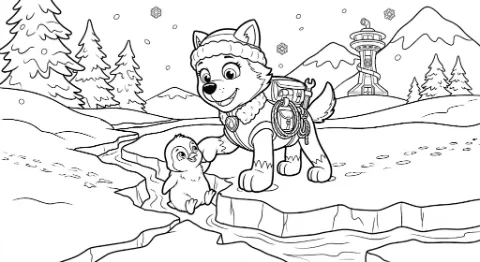 Everest Patrulha Canina resgatando um pinguim filhote no gelo para colorir e imprimir